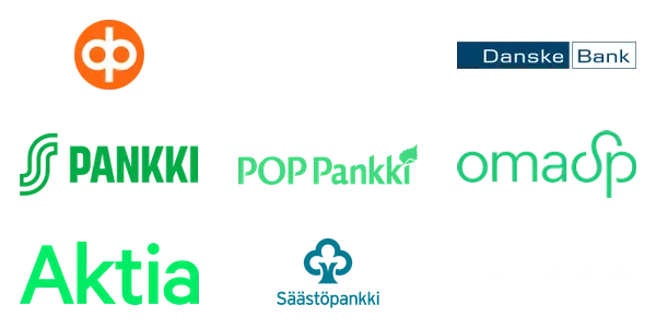 OP, Nordea, Nordea Business, Danske Bank, S-Pankki, POP Pankki, Oma Säästöpankki, Aktia, Säästöpankki ja Ålandsbanken